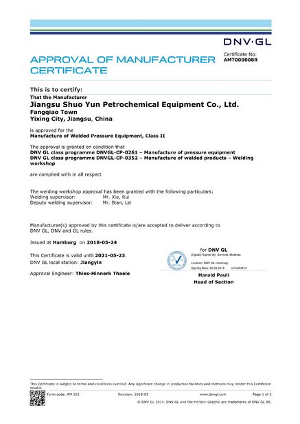China Jiangsu Stord Works Ltd. Certification